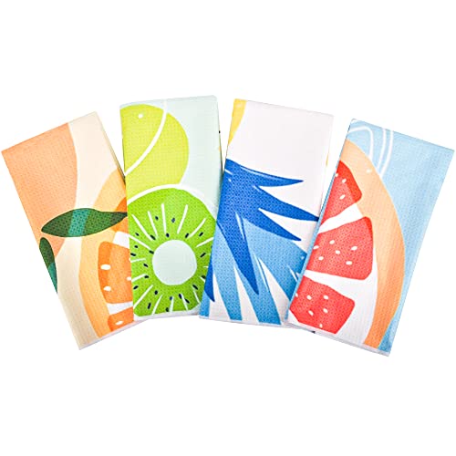 Rainleaf 4 Pack Waffle Funny Kitchen Towels,Absorbent Dishcloths Sets With Saying,Cute Waffle Weave Towel as Decorative Dish Towels, Hand Towels,Flour Sack Tea Towels Birthday,Housewarming Gift-Fruits