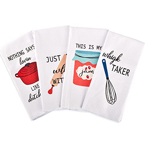 Rainleaf 4 Pack Waffle Funny Kitchen Towels,Absorbent Dishcloths Sets with  Saying,Cute Waffle Weave Towel as Decorative Dish Towels, Hand Towels,Flour